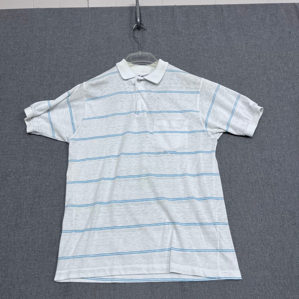 Vintage Le Tigre Mens Striped Polo Shirt White Blue Short Sleeve Pocket Medium